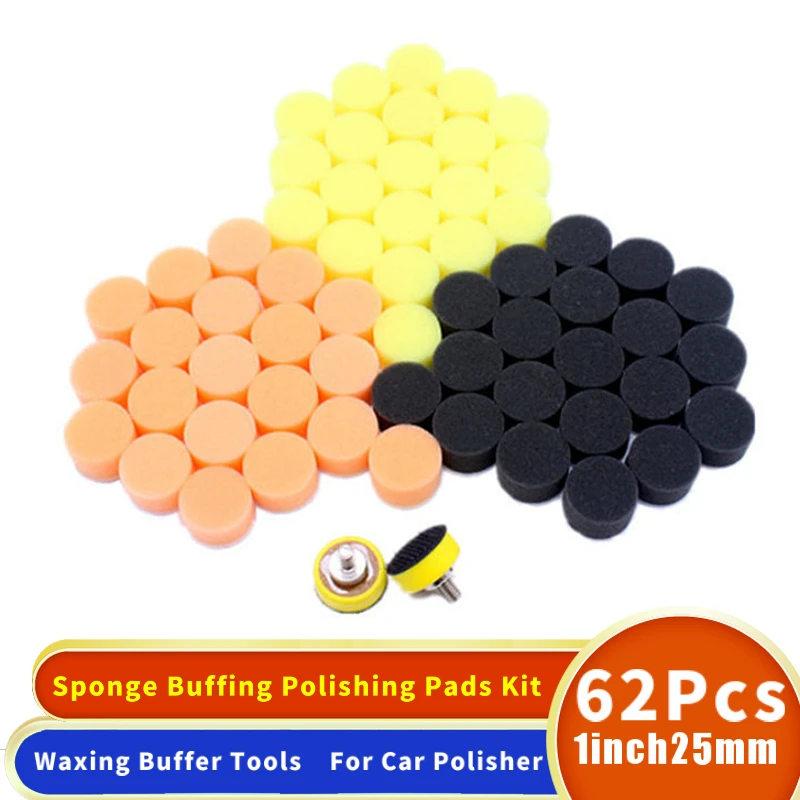 62Pcs 1Inch 25mm  Sponge Buffing Polishing Pads Waxing Buffer Tools Rough & Medium & Fine  Fit For Car Polisher