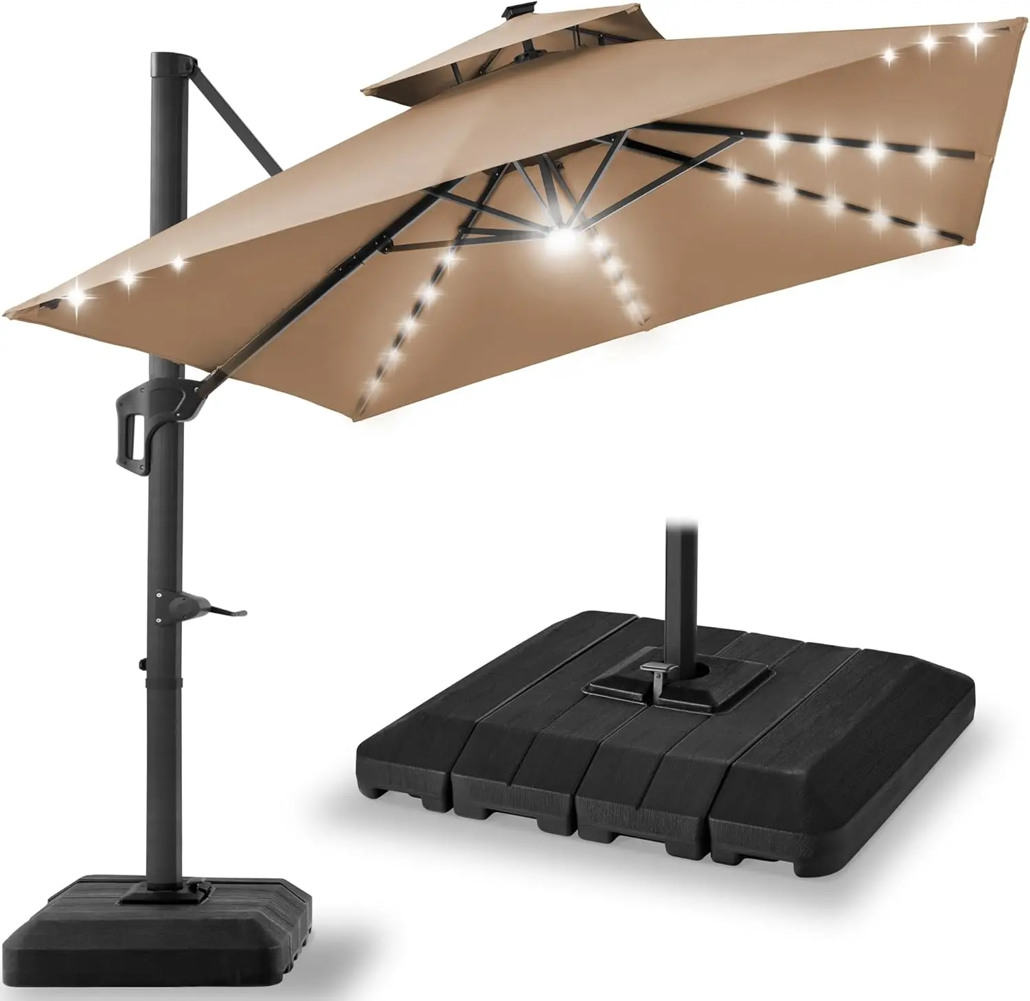 

10x10ft Cantilever Patio Umbrella w/Base Included, Solar LED Lights 360 Rotation Large Offset Hanging Outdoor– Tan