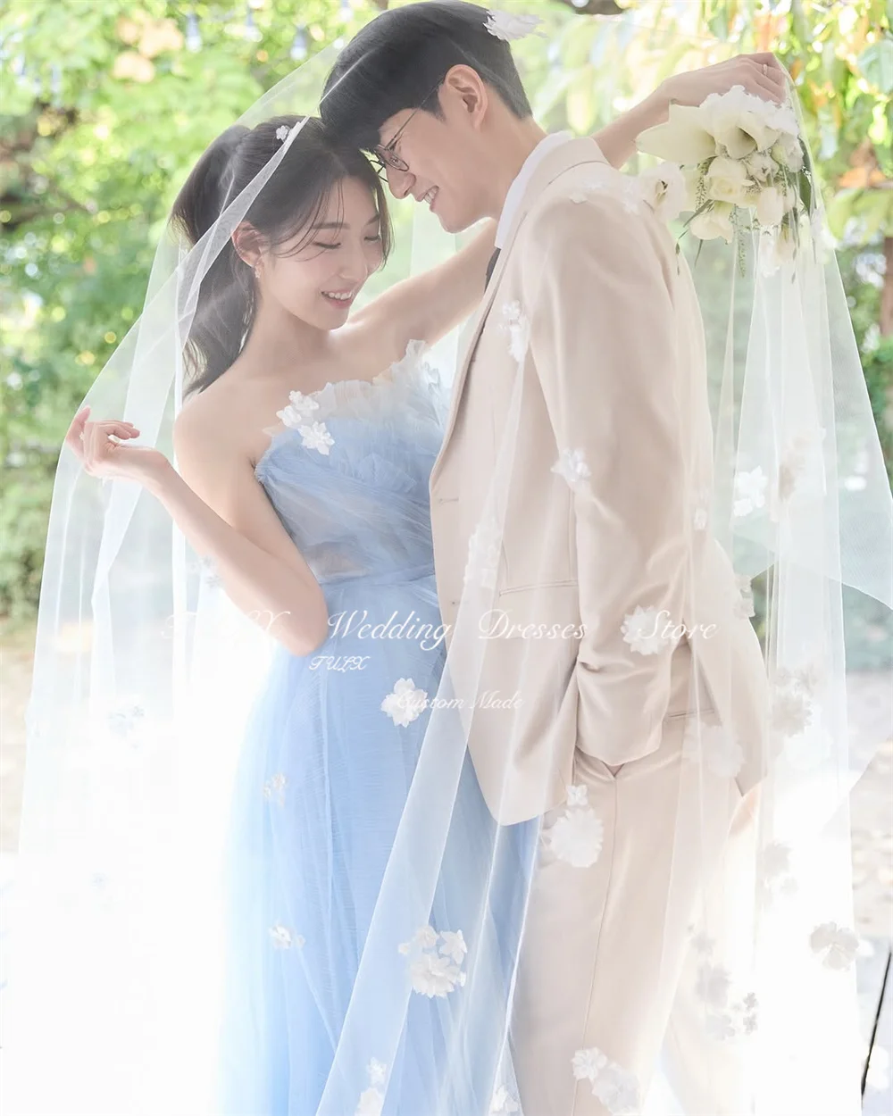 TULX Prinzessin Blaues Tüll-Abendkleid, A-Linie, trägerlos, mit Falten, Korea, Hochzeit, Fotoshooting, bodenlanges Korsett, individuell gestaltet