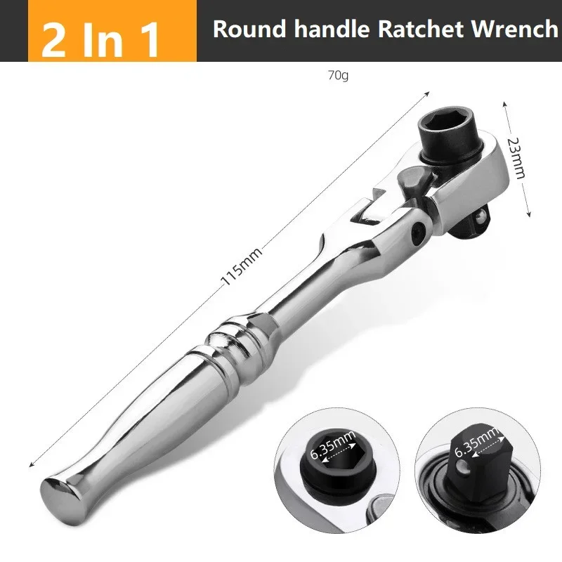 

2 In 1 Round handle Ratchet Wrench 1/4 Double Ended 72 Teeth Quick Spanner Tool Screwdriver Socket Bit DIY Home Repair Hand Tool