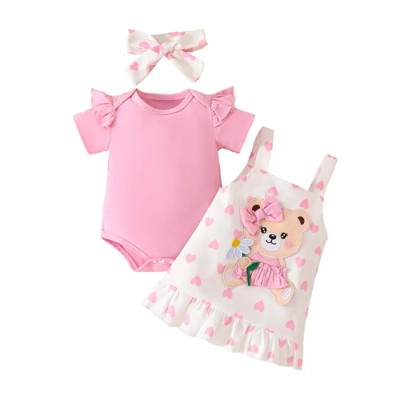 

3-Piece Newborn Baby Girl Dress Set 0-18 Months Clothes Short Sleeve Bodysuits Cute Bear Straight Skirts Hairband Infant Outfits