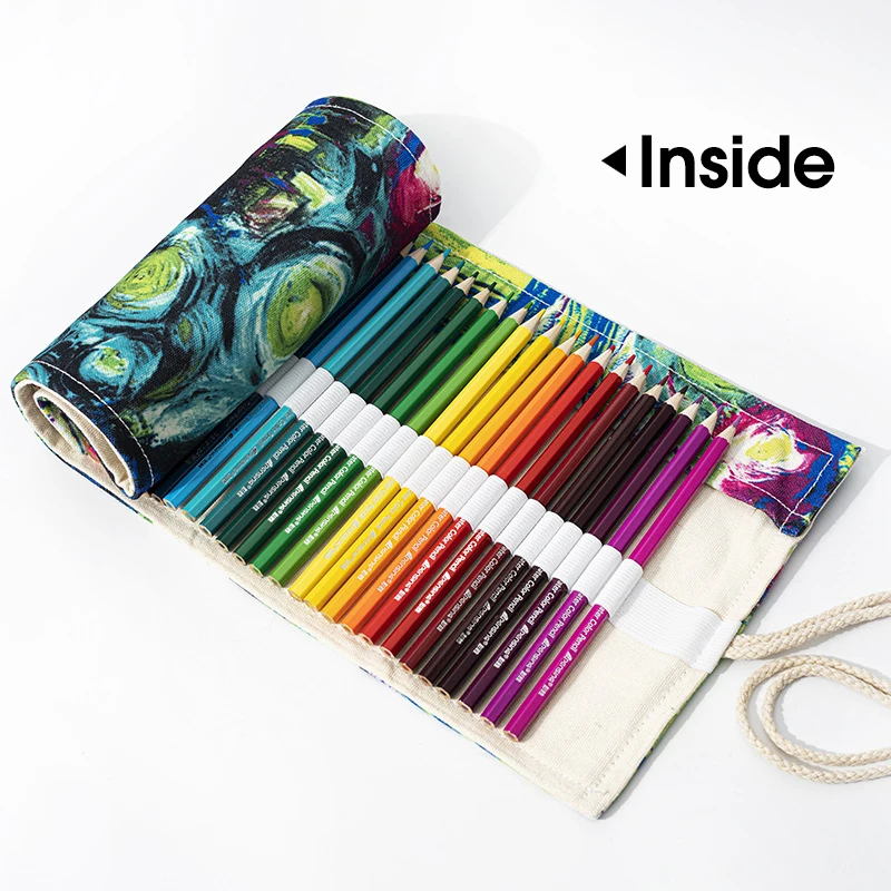 Van Gogh Starry Night Print Canvas Pencil Roll,Multi-Size 12/24/36/48/72 Slots Artist Pencil Wrap Organizer,Pencil Storage Pouch