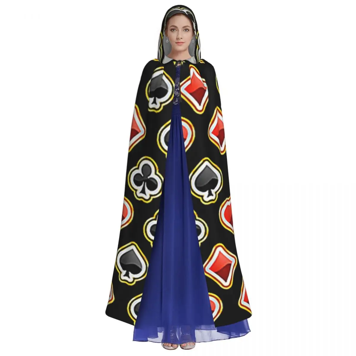 플레잉 카드 심볼 롱 후드 망토 마녀 중세 의상 코스프레 케이프 할로윈 코트 성인 유니섹스