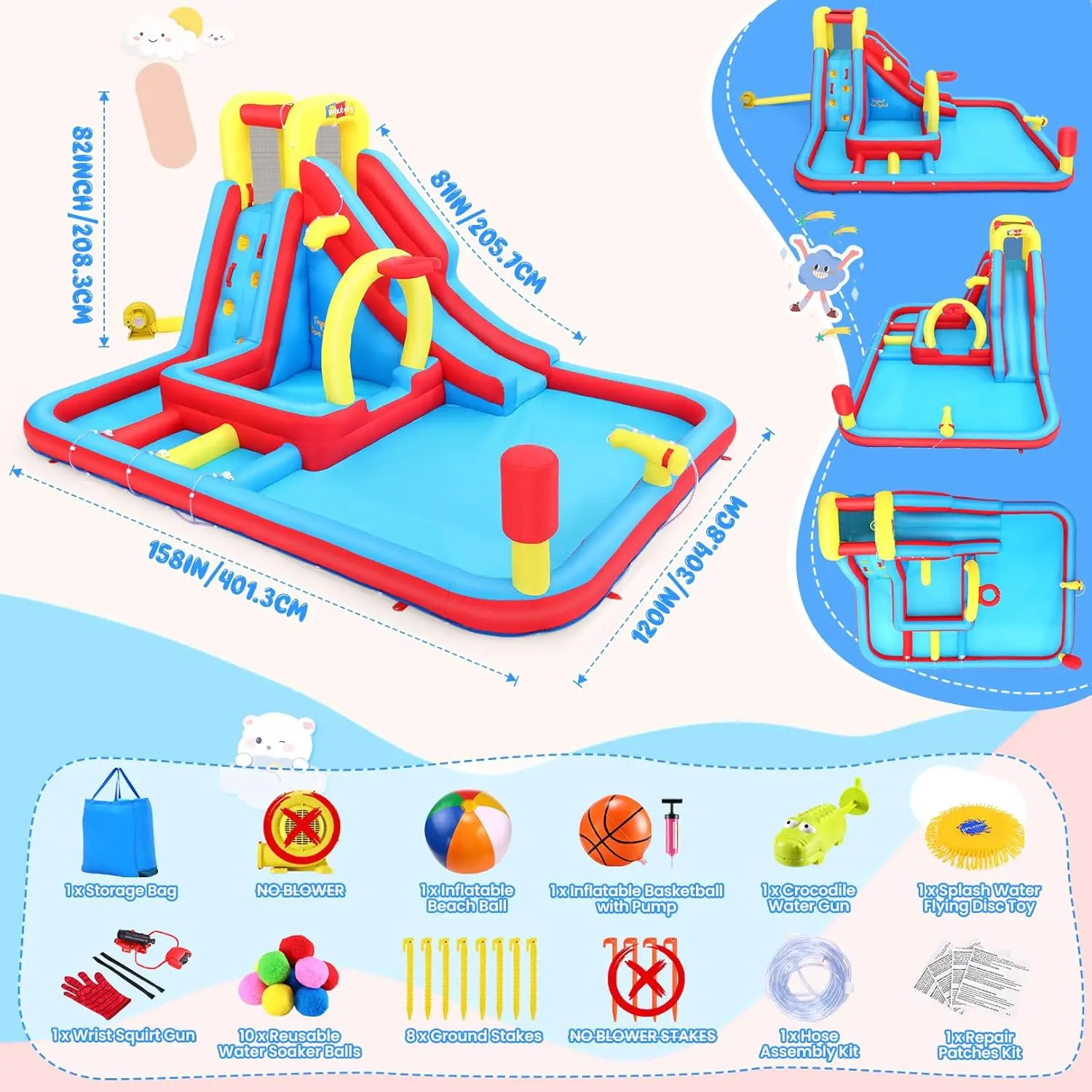 Nadmuchiwana zjeżdżalnia wodna tor przeszkód dla dzieci na podwórku wysadzany Park wodny z 3 interaktywnymi przeszkodami w wodzie, głęboki basen ze Spri