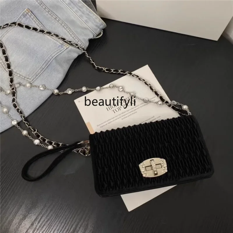 yj Pleated Velvet Crystal Chain Women's Bag Trendy Knitted Belt Gemstone Diamond-Embedded Portable Shoulder Bag