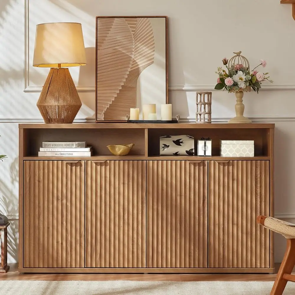 

55 Wide Wooden Sideboard with 4 Doors and Open Storage, Ideal for Kitchen or Dining Room, Coffee Brown