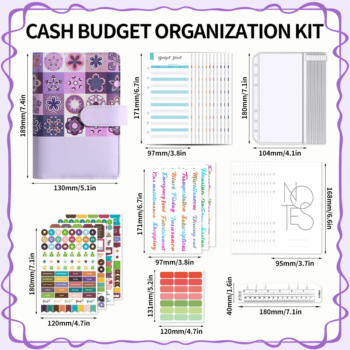 Bohemian A6 Binder Set Cash Envelope Budget Planner with 14 sheets Inner Pages 10 Zipper Bags 12 Budget Cards and 8 Stickers