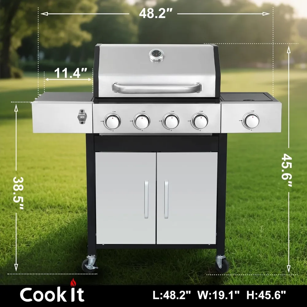 49000 BTU Double-layer Stainless Steel Gas Grill, 4 Main & Side Burner Propane, Custom