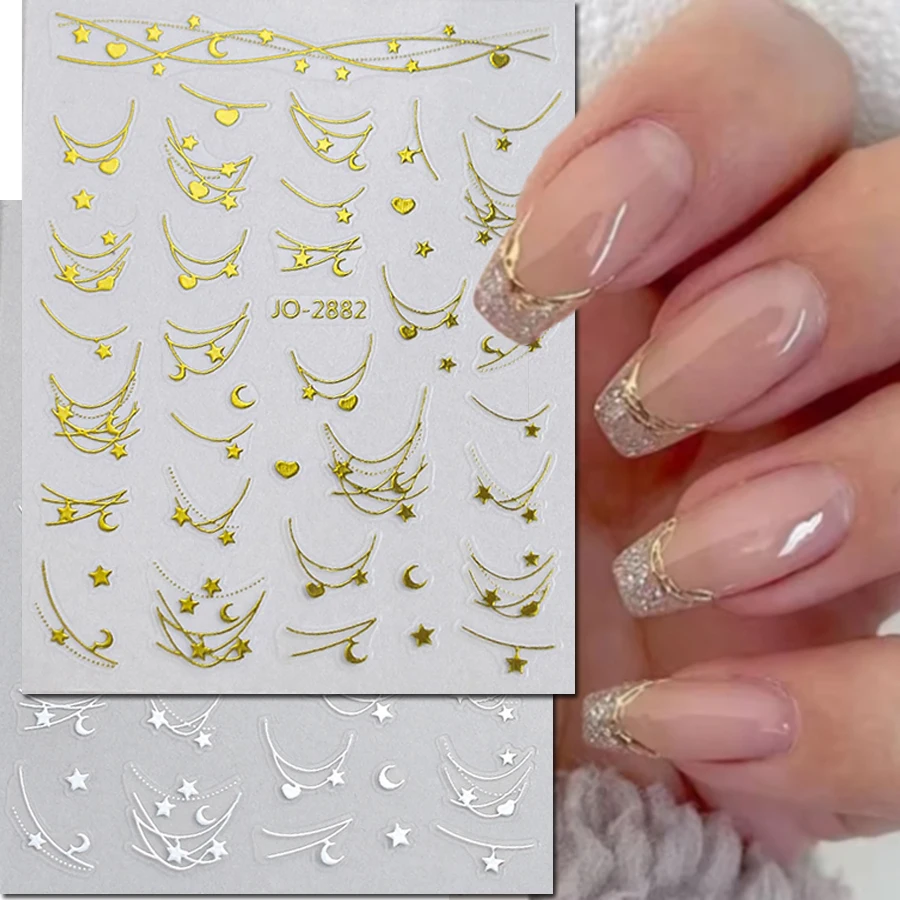 3d Nail Art Stickers Gold Metallic Silver French Lines Love Hearts Stars Moons Decals For Nails Decorations Manicures Beauty