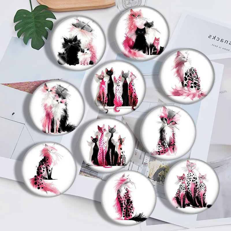 Watercolor Cat Family  10pcs 12mm14mm/16mm/18mm/20mm/25mm Round Photo Glass Cabochon Demo Flat Back Making Findings Jewelry