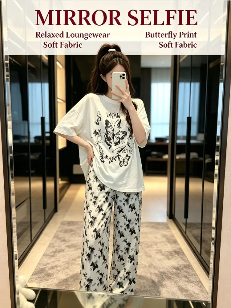 Women's Pajama Set, Built-in Bra, Loose Short Sleeve & Long Pants Loungewear, Breathable Soft, Wearable Outside