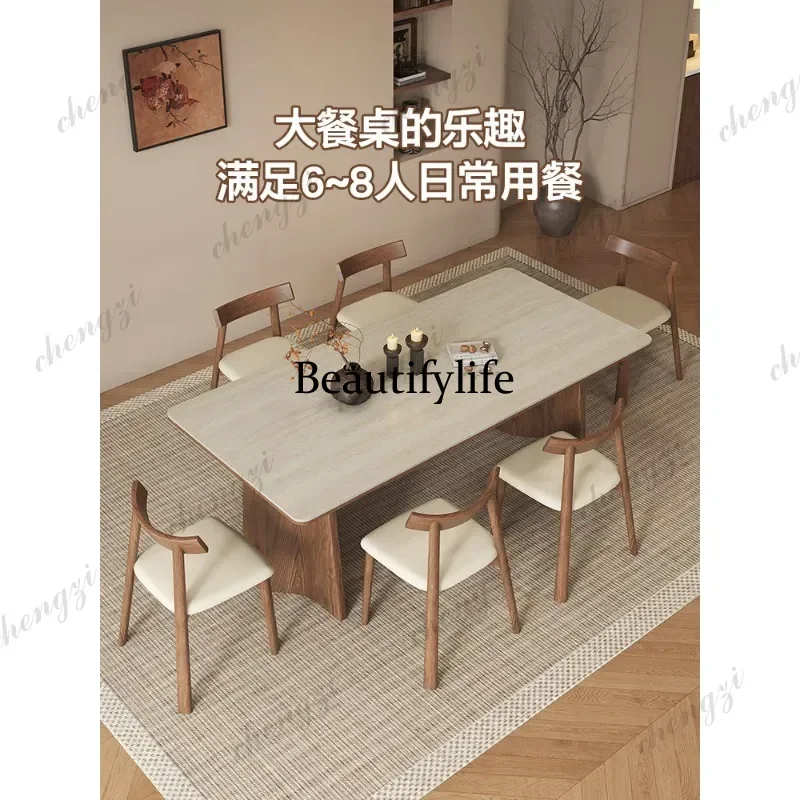 Travertine rock slab dining table Household small apartment medium and ancient rectangular ash wood solid wood dining table p182