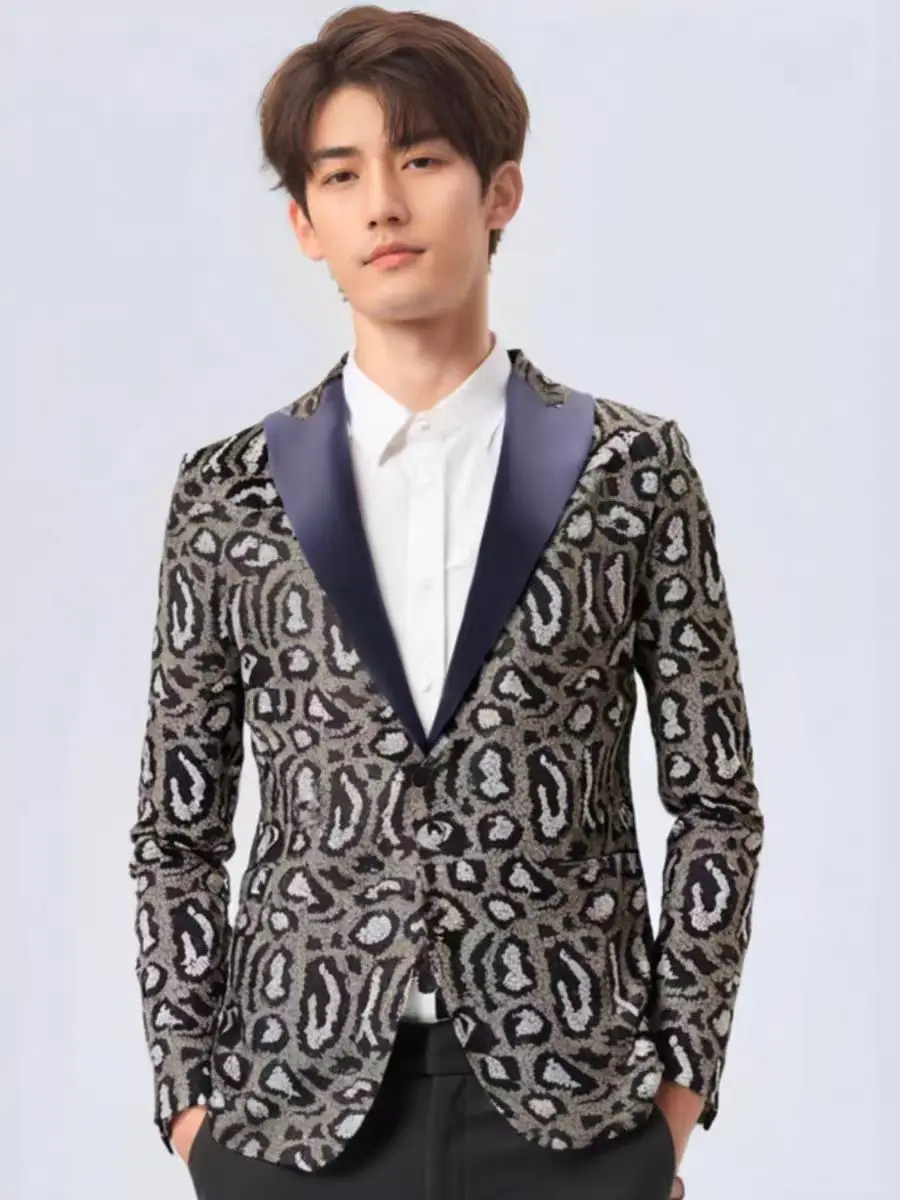 

Trendy Leopard Print Sequin Casual Suit Jacket For Male Singer Leading Dance Stage Performance Clothing Wedding Emcee Host Dress