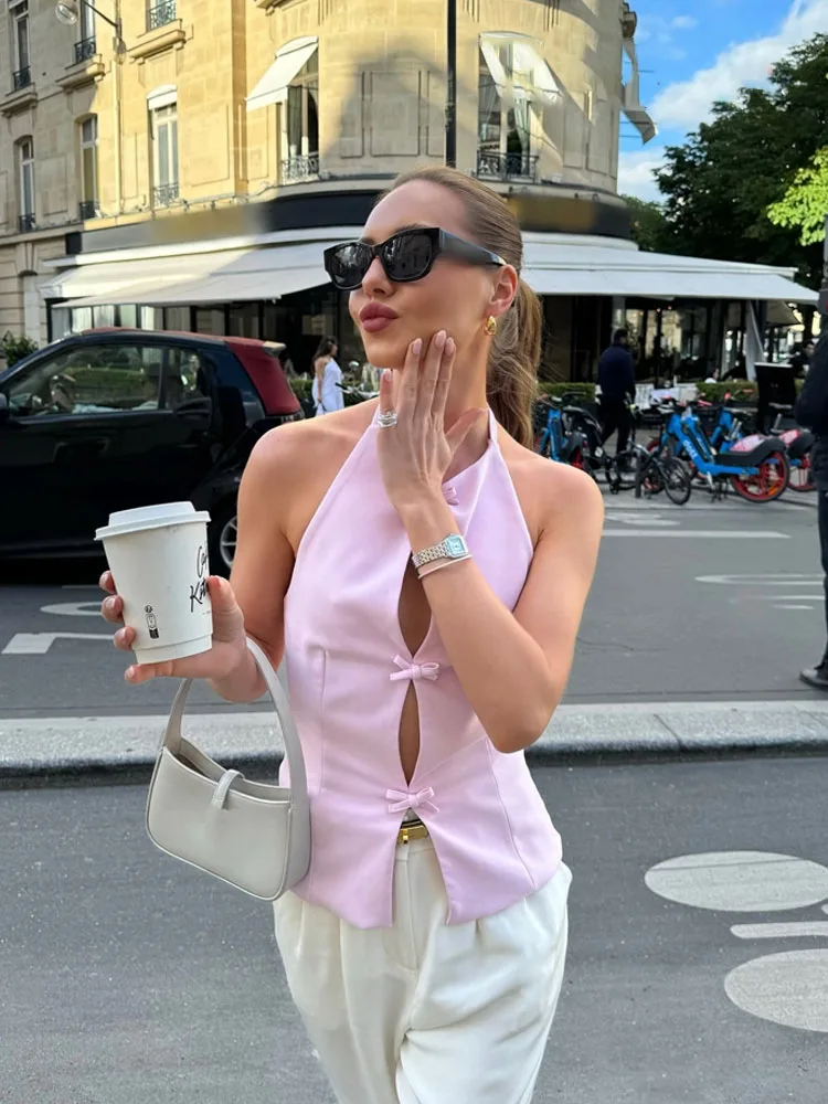 

HH Women's New Fashion Vest Tops Sleeveless Bow-trimmed Tops Elegant O Neck Halterneck Solid Color 2024 Summer Chic Vest