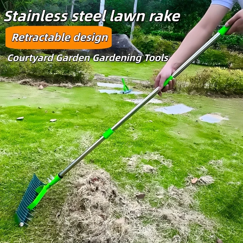 Thatch Rake Double Sided Lawn Rake Stainless Steel Adjustable Dethatcher with 4 Sections Handle Garden Tool for Clear Dead Grass