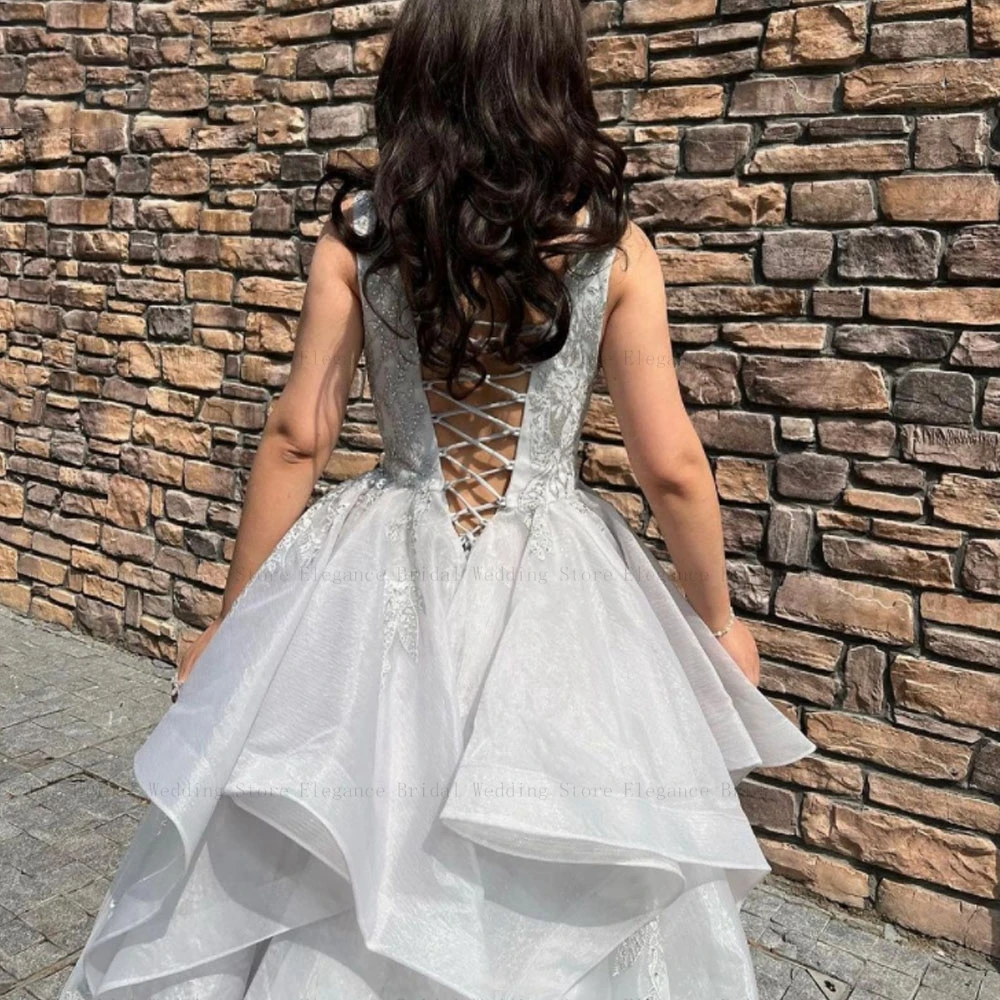 Sexy Ruffles Pleated Prom Dresses with Appliques Floor Length V-Neck Lace Long Ball Gowns for Women Silver vestido de gala