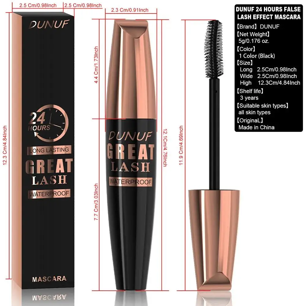DUNUF Waterproof Mascara Extreem volume Verleng krul 24-uurs Vlekvrij Dierproefvrij Veganistische formule voor gevoelige ogen