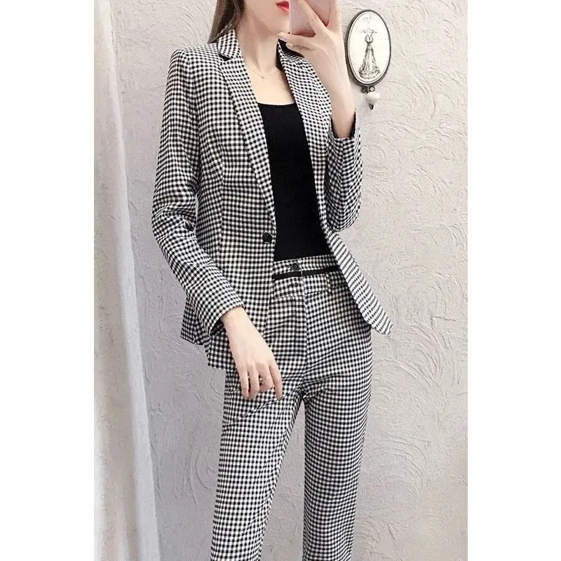 Primavera e outono nova moda xadrez terno conjunto para temperamento feminino manga comprida terno calças conjunto de duas peças