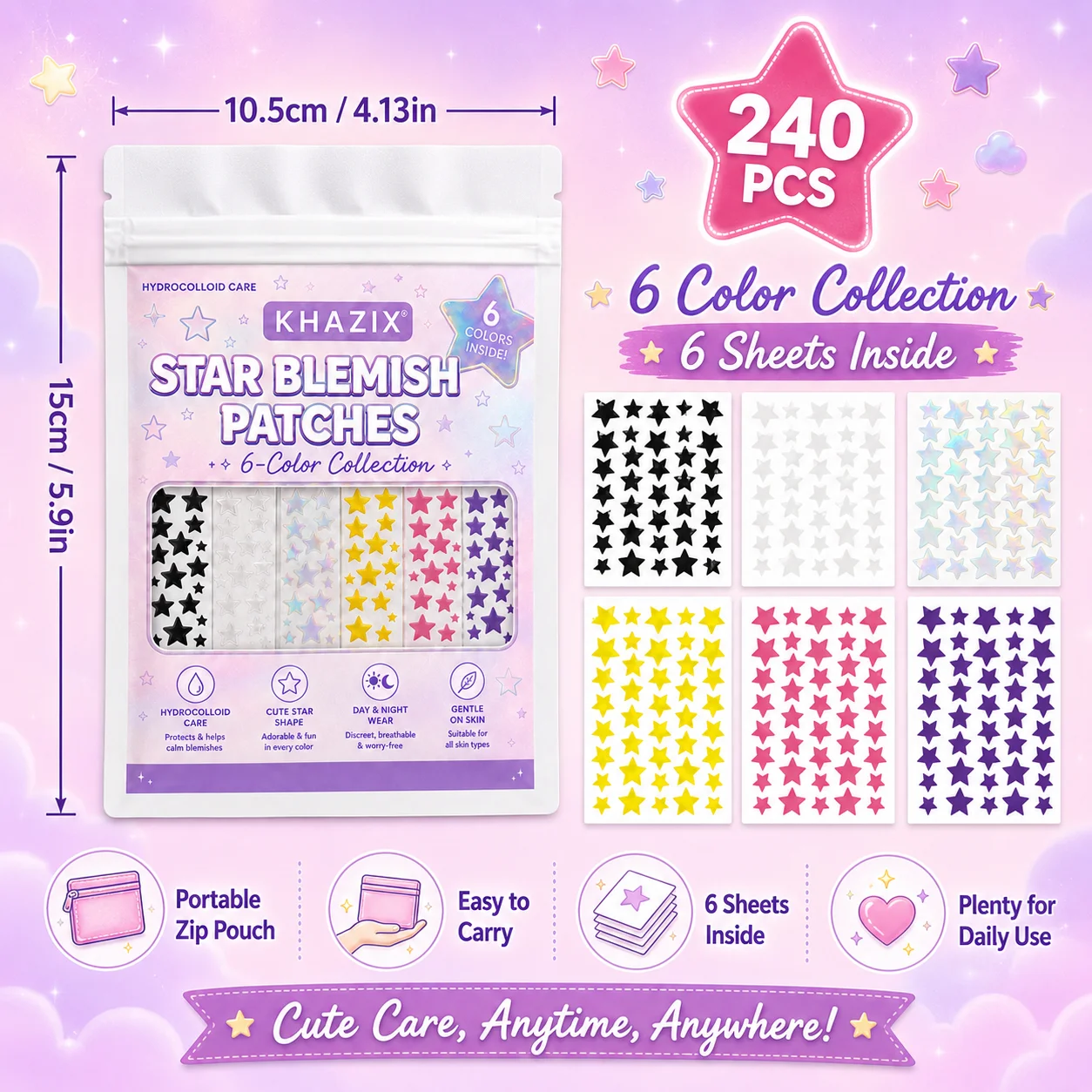 240PCS Star Pimple Patches For Face Hydrocolloid, Absorbing Cover, Tea Tree, Hydrocolloid Acne Patch, Cute Star Pimple view 4