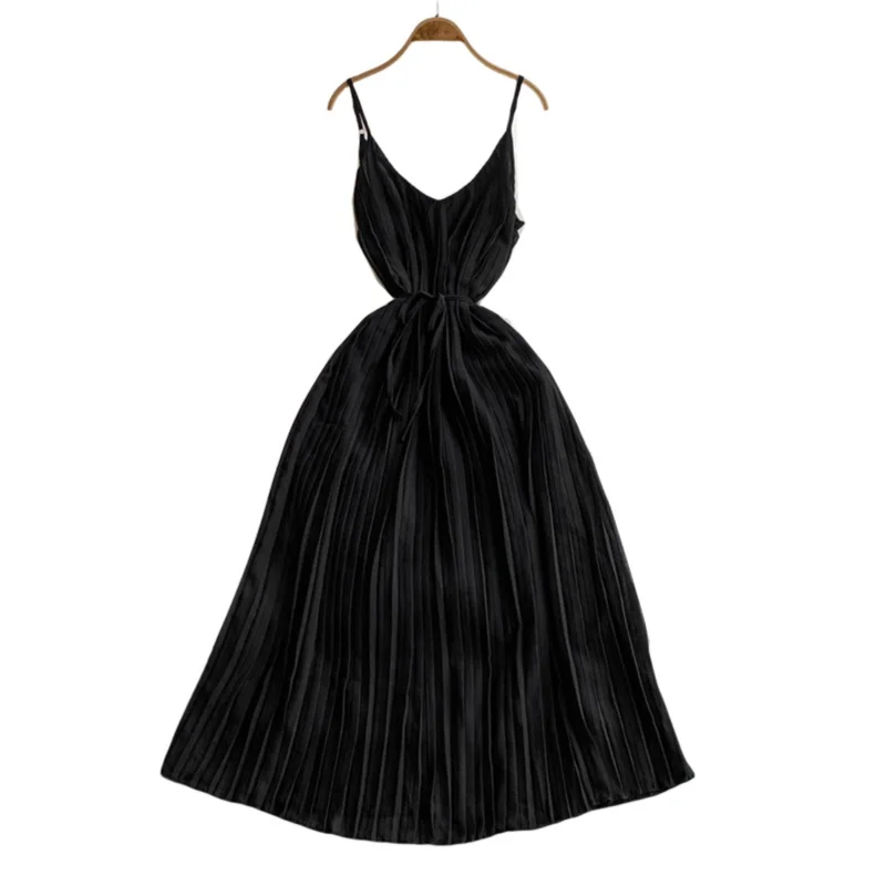 Boho donna solido estate abito lungo pieghettato casual sexy cinturino per spaghetti vestido de festa elegante tunica vacanza al mare abiti