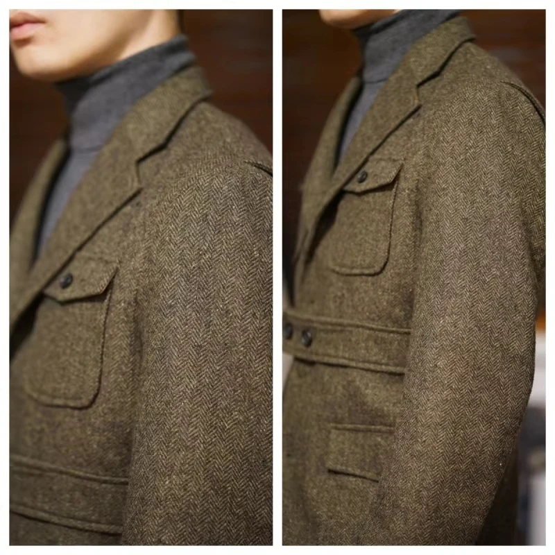 Men's Classic Herringbone Tweed Hunting Blazer Wool Blend Sport Coat with Four Pockets Three Buttons Jacket Men's Tuxedos - Image 3
