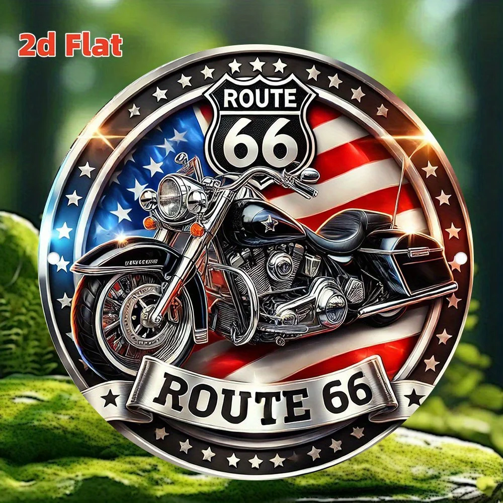 2D Flat, Vintage Route 66 Motorcycle Metal Sticker,20x20cm - Retro American Flag Design, Aluminum Wall Art, Suitable for Home, view 6