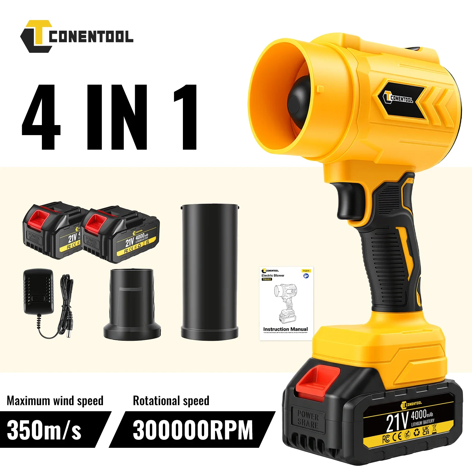 CONENTOOL 21V Akku-Laubbläser 300000RPM Elektrischer Jet-Bläser mit 2x4000mAh Akkus für Garten, Hof, Laub, Schnee, Auto, Staub