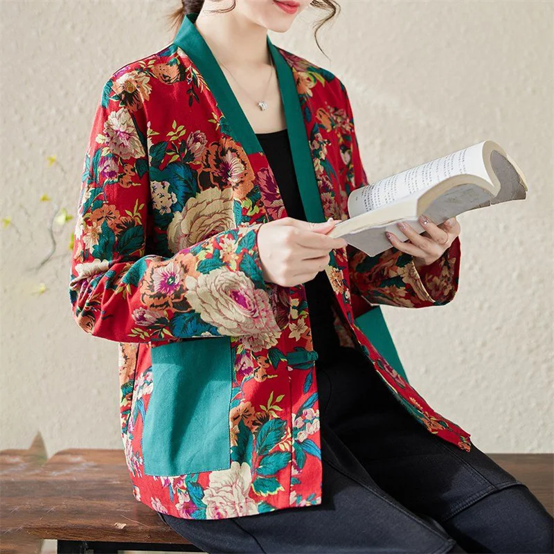 Spring Autumn Casual Jacket 2024 New V-Neck Coil Buckle Women's Clothes Top Fashion Chinoiserie Printing Female Blouse Coat