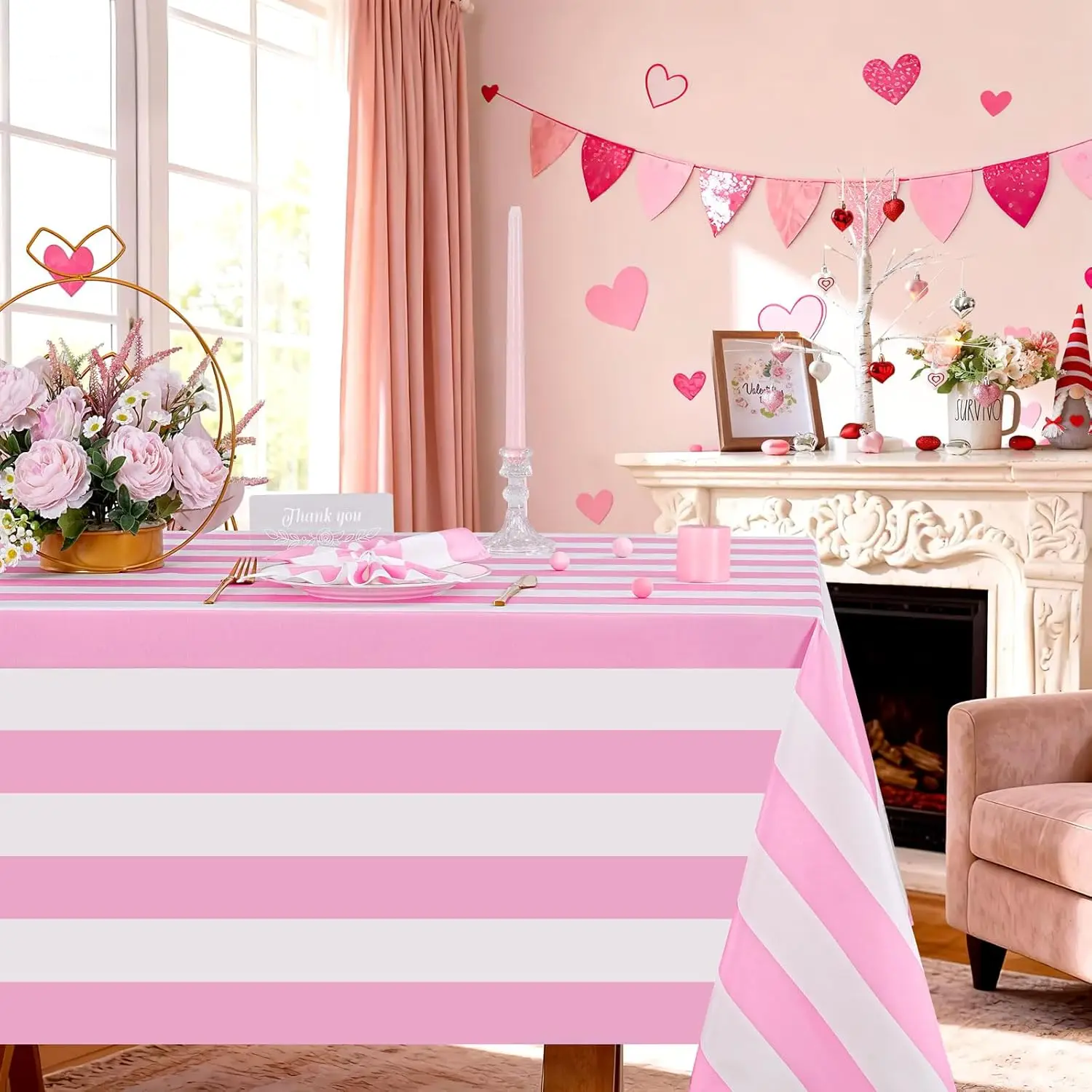 Pink and White Striped Rectangle Tablecloth for Table Decor Reusable Kitchen Dining Tablecloth for Birthday Party Wedding Decor