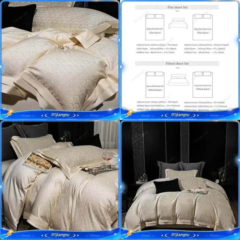 Luxury Lyocell Cotton Jacquard Bedding Set Queen King Size Soft Silky Duvet Cover Fitted Sheet Pillowcases 4 Piece Home