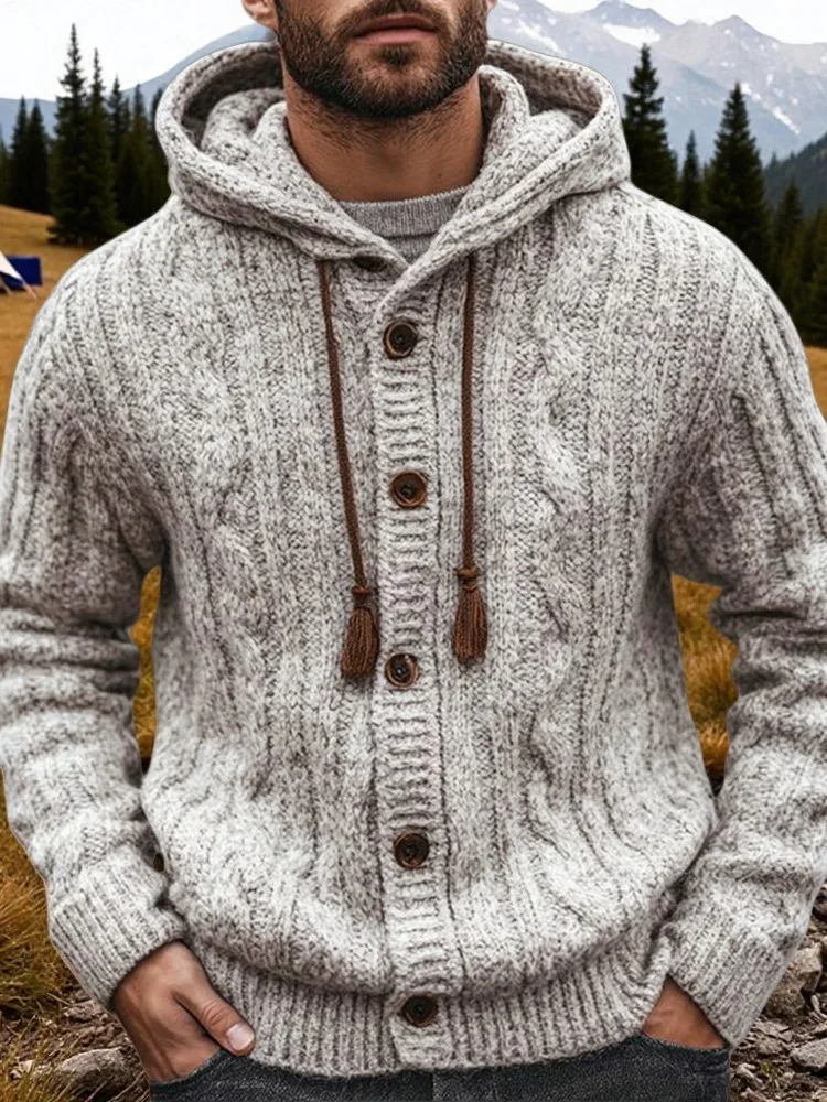 

Men's Knitted Long Sve Sweater with Hat European Sle Polyester Fiber Casual Warm Coat Young Men's Faion Winter Outerwear