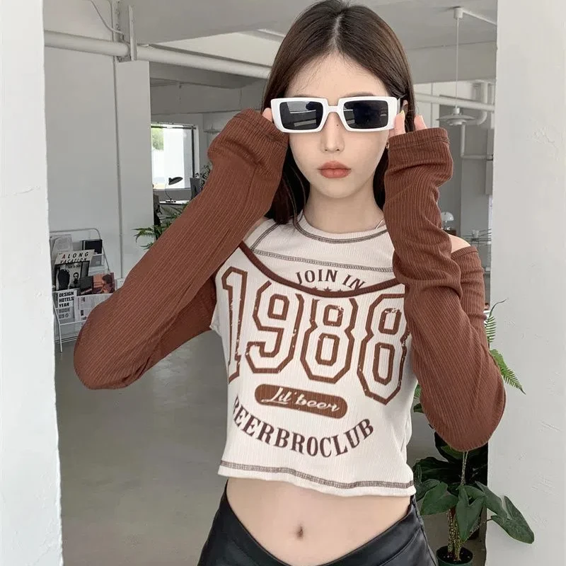 Korean Fashion Harajuke Fake Two Piece T-Shirt Spring Summer New Letter Print Cropped Off Shoulder Top Female Long Sleeve Tee