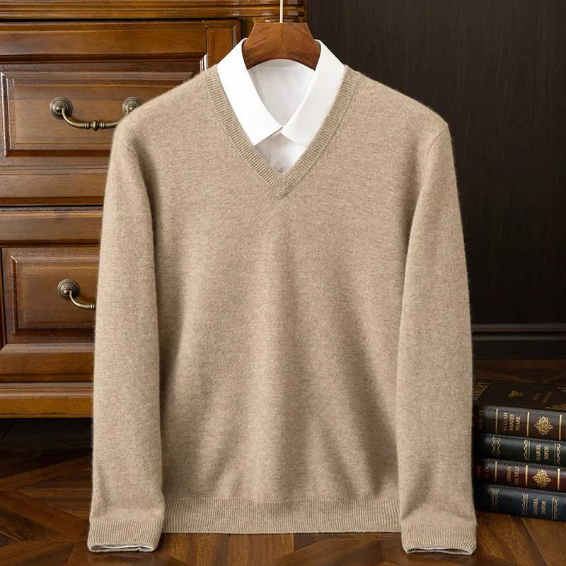 100% Cashmere Autumn Winter Multi-color Business Men V-neck Long Sleeve Pullover Sweater Smart Casual Soft Comfort Knitwear Tops