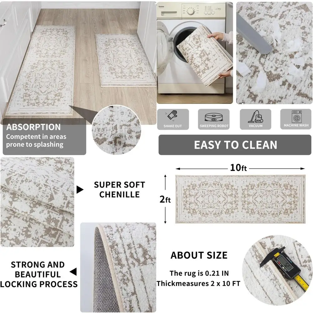 

Boho-Style Non-Slip 2x10 ft Runner Rug, Ultra Soft Machine Washable for Hallway, Bathroom, Kitchen (Khaki)