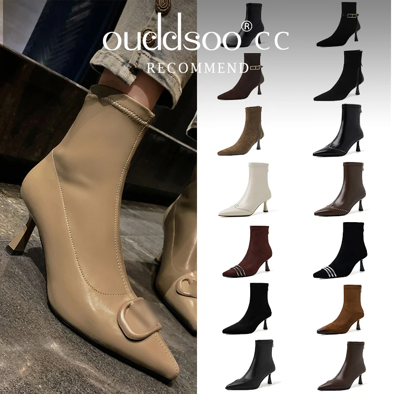 Ods Luxury Sexy Brand Autumn Winter Heel Boots Women Pointed Toe Metal Buckle Decor Elastic Stretch Short Booties Ankle Boots 42