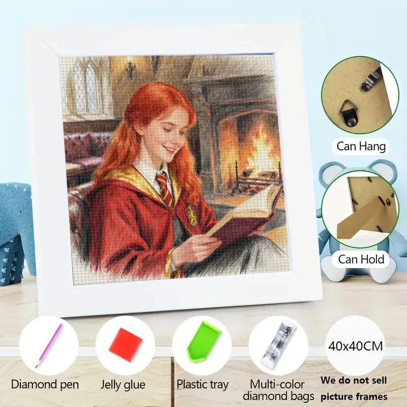 

1PC 5D DIY Diamond Painting Kit, Harry Potter Wizarding World Gryffindor Girl Reading By Fireplace, Full Drill Diamond Art Craft