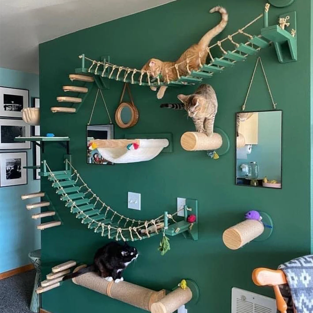 

Cat Tree Wall Mounted Climbing Shelves Wooden Hammock with Ladder and Cat Bridge for Cat Perch Sleeping Pet Indoor Playground