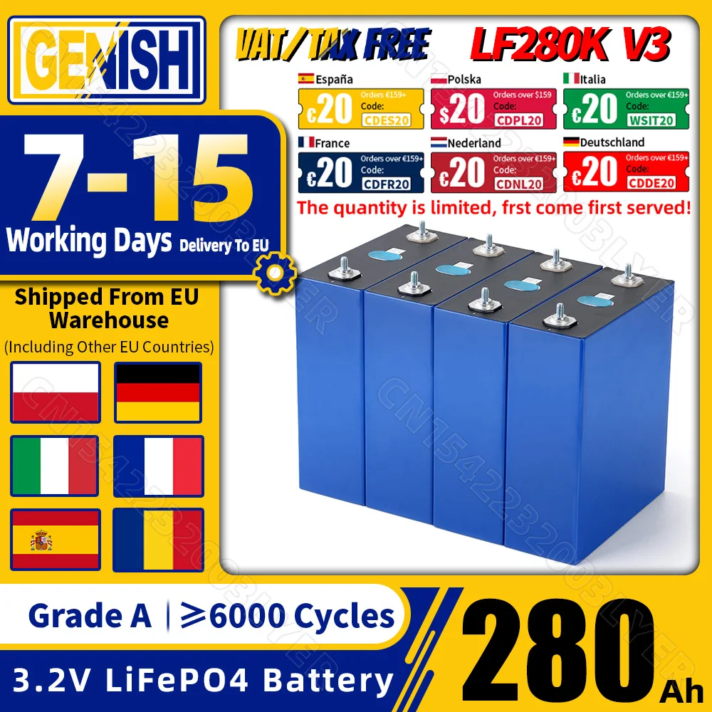 Grade A 280Ah LiFePO4 Battery LF280K 6000 Cycles 3.2V Rechargeable Lithium Iron Phosphate Cell DIY 12V 24V 48V RV Vans Golf Cart