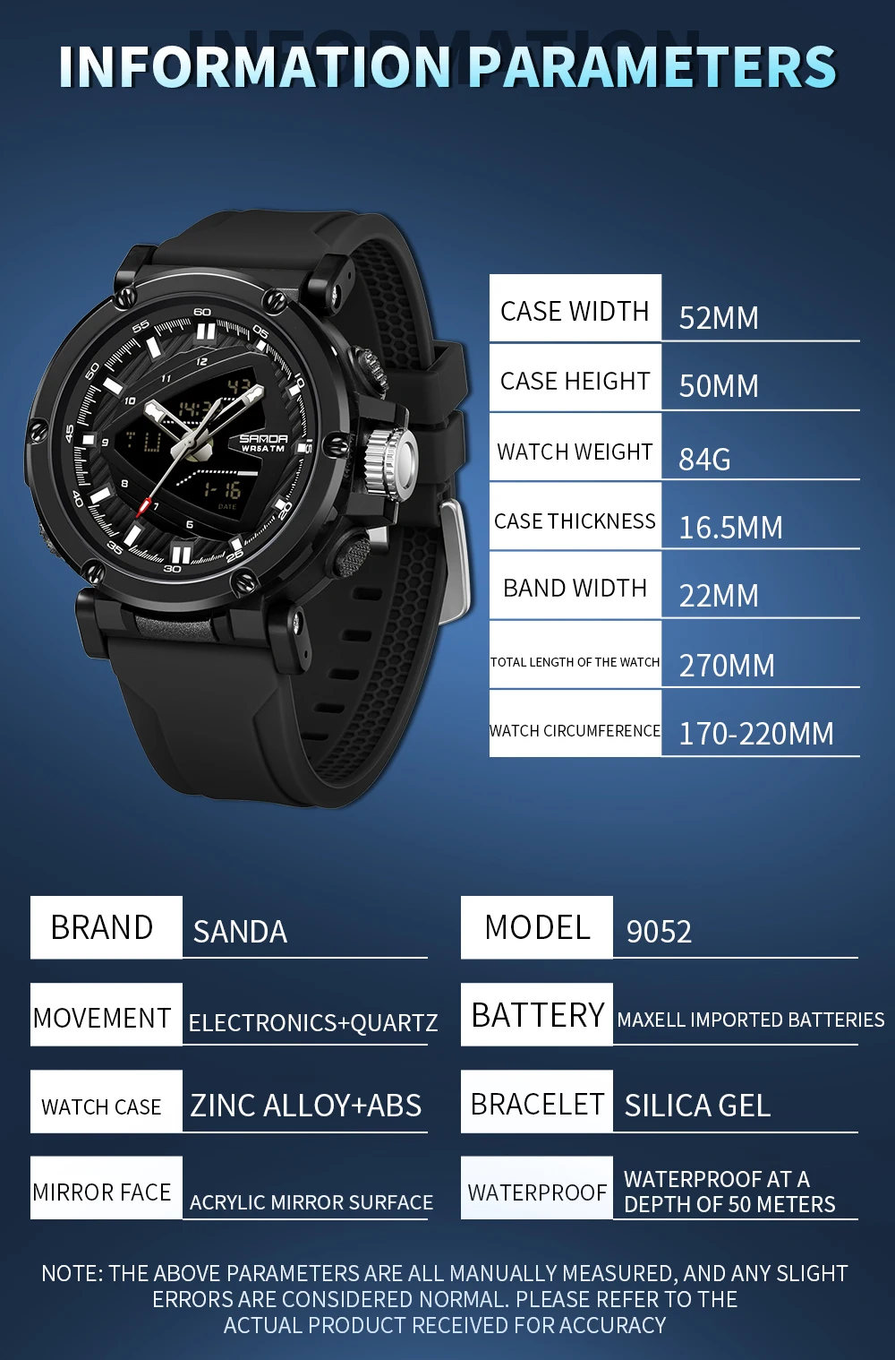 SANDA 9052 Fashion Men's Electronic Watch Sport Multi functional Waterproof Men's Digital Watch Relogio Masculino