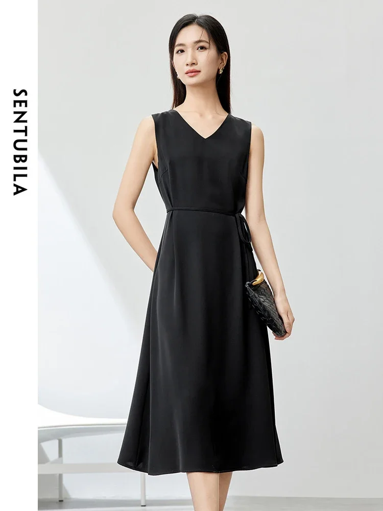 SENTUBILA Elegante Lace-up Zomerjurken Voor Vrouwen 2025, Koreaanse Mode V-hals Zijsplit Tank Mouwloze Midi-jurk 123L42826