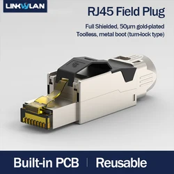 Turn-Lock Metal Boot Type RJ45 Cat8 Field Termination Connector Plug Full Shielded 50u Gold-Plated On Contact Pins