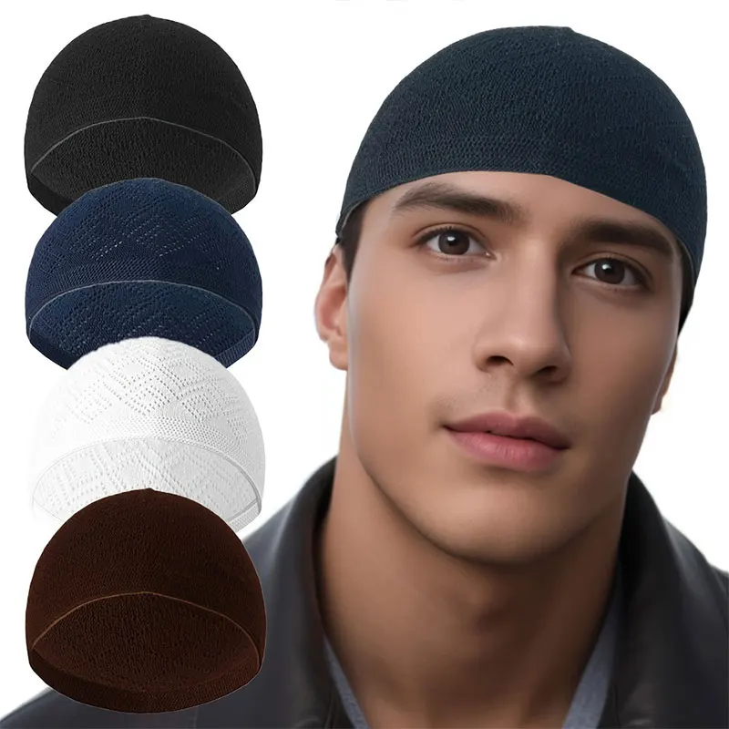 

Muslim Turkish Men Prayer Hats Hollow Knitted Beanie Cap Breathable Islamic Saudi Arabic India Caps Male Solid Color Hip Pop Hat