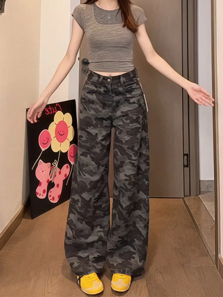 American Sle Camouflage Work Pants Women's plus Size Loose Straight Leg Trousers High Waist Wide Leg Long Trousers