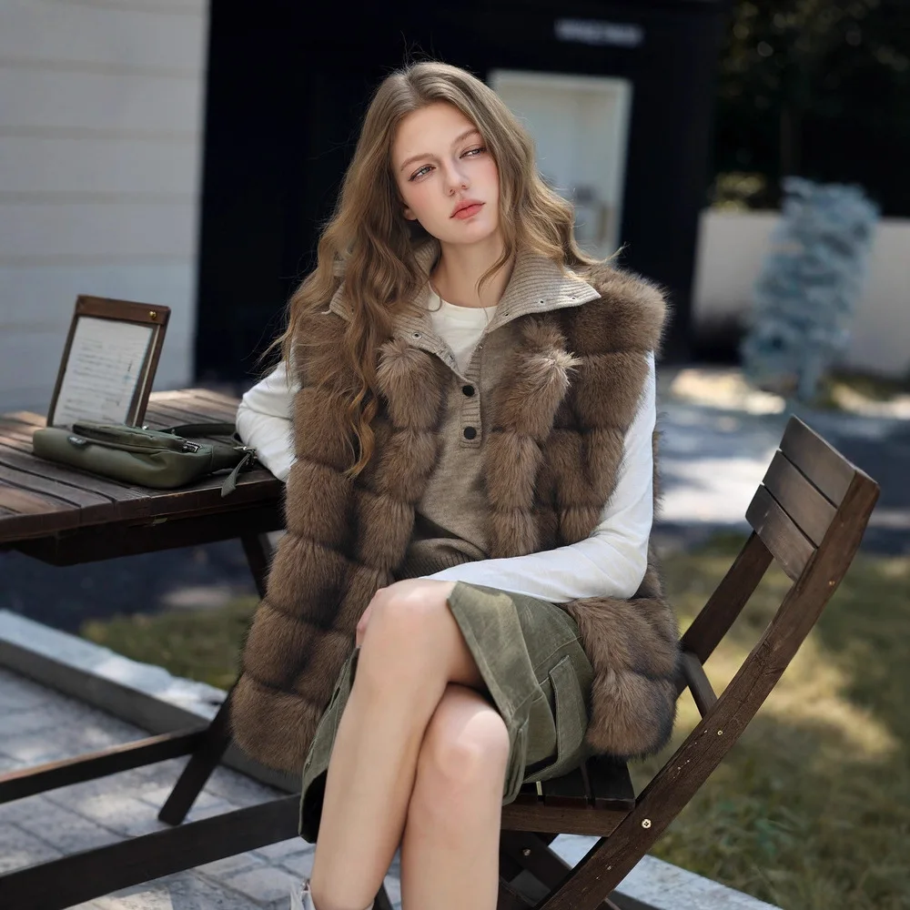 KIDCRKJ الشتاء النساء صديقة للبيئة الفراء سترة الحد الأدنى الصلبة منقوشة أكمام سيدة فرو المنك أبلى سميكة الدافئة الإناث فو الفراء معطف #1
