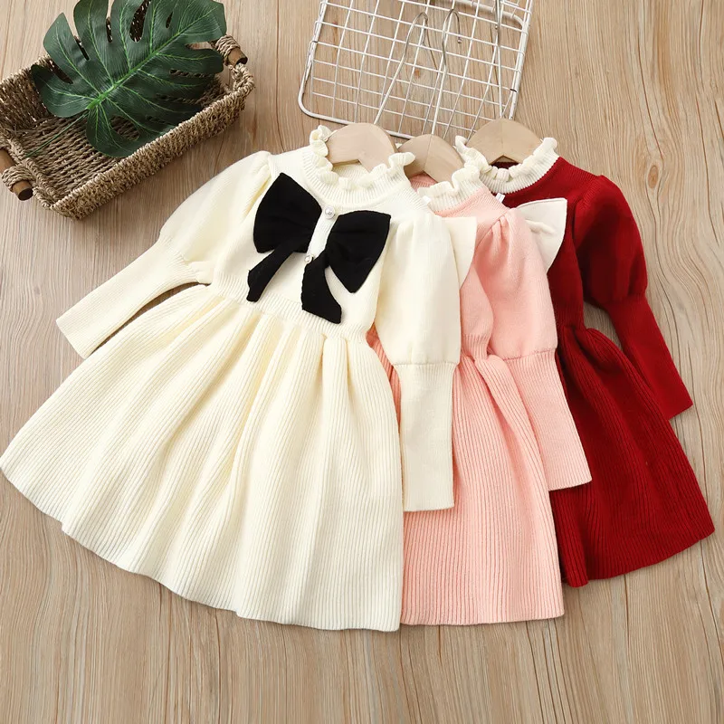 2025 Autumn/Winter New Girls' Knit Dress - Kids' Bowknot Fashion Long Dress, Baby Girl's Warm Sweet Princess Dress.