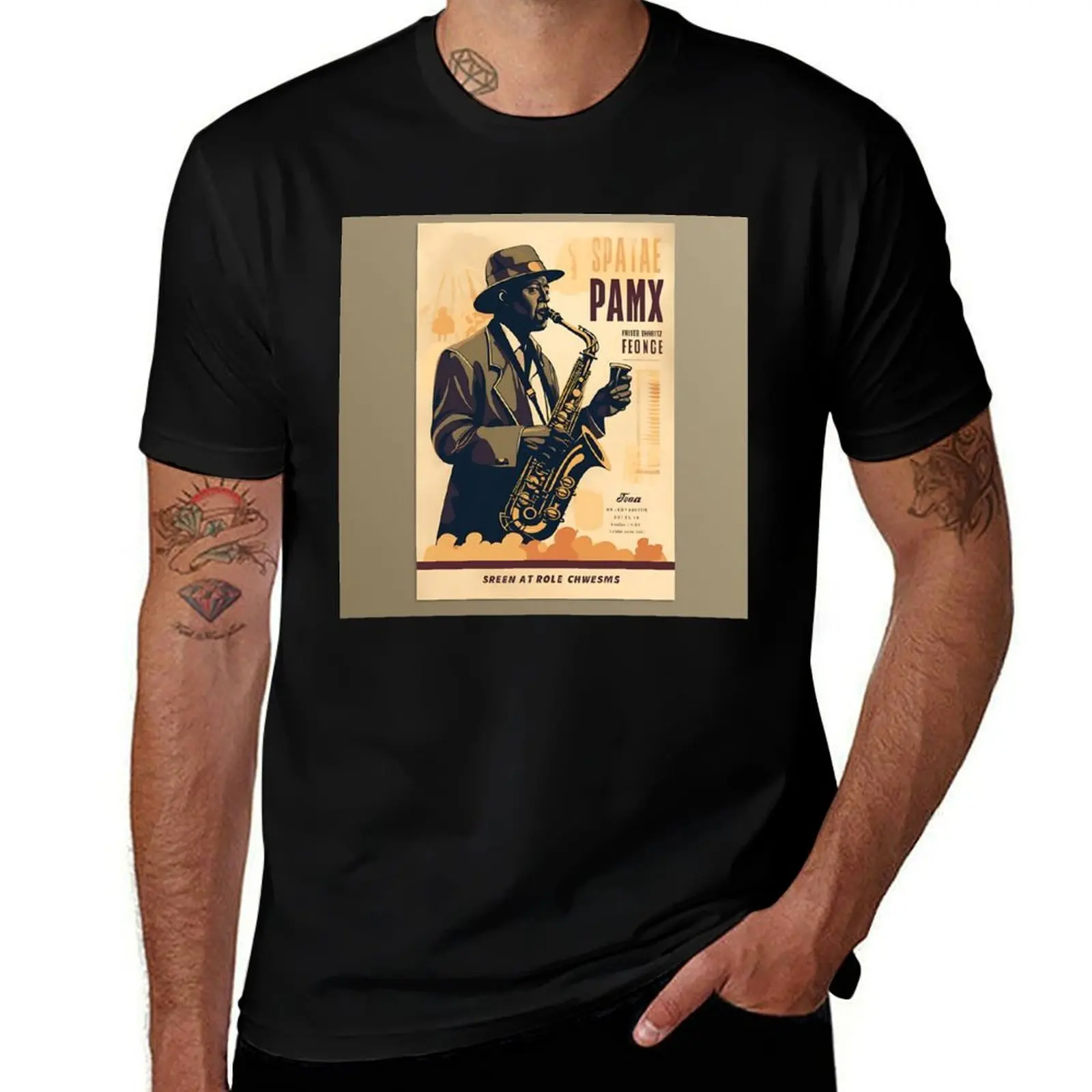 

Saxophonist gracing a vintage jazz event poster – timeless musical charm. T-Shirt tops sweat men clothes
