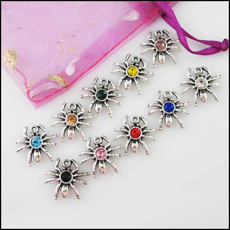 20Pcs Mixed Crystal Antique Silver Color Animal Spider Charms Pendants 17x19mm