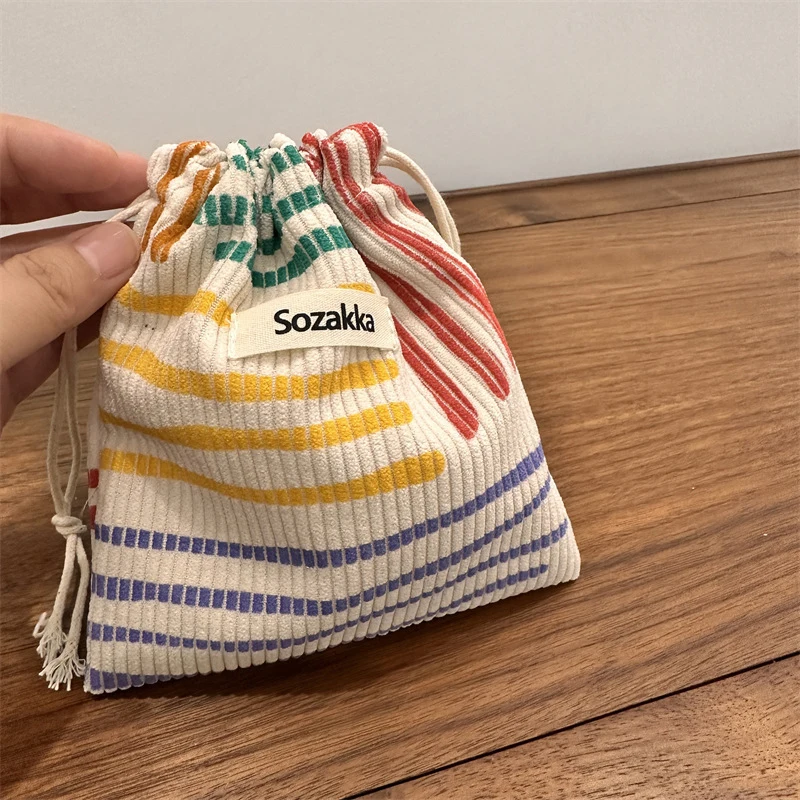 Small Corduroy Coin Purse Key Earphone Drawstring Storage Bag Women Girls Jewelry Lipstick Cosmetic Tote Rope Pouch String Bags