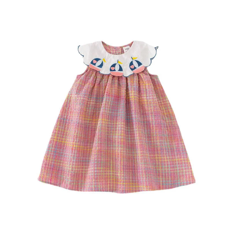 Rainbow Plaid Sailboat Navy Style Girl Dress 2024 Summer New Preppy Style Sweet Sleeveless