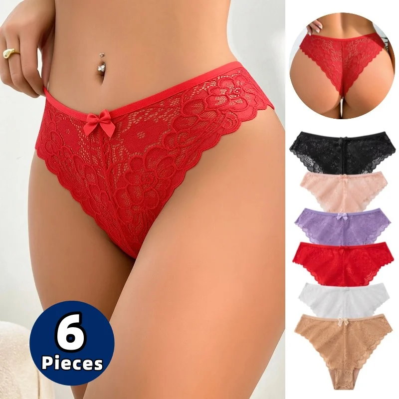 WarmSteps 6 Stück/Set Damenhöschen, modische, süße Spitzen-Slips mit Schleife, ausgehöhlte sexy Dessous, atmungsaktive, gemütliche Unterhosen, Sale